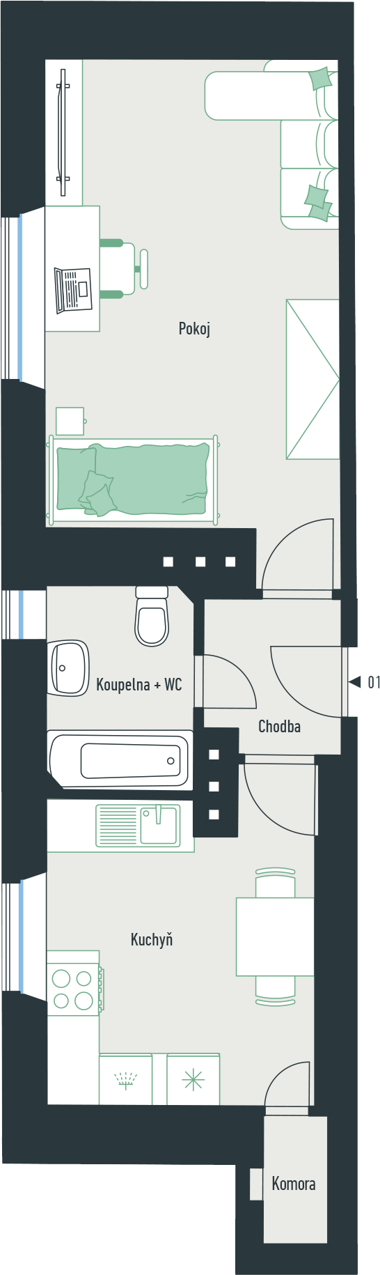 Ubytovací jednotka č. 1 o dispozici 1+1 a podlahové ploše 40,2 m² 1+1