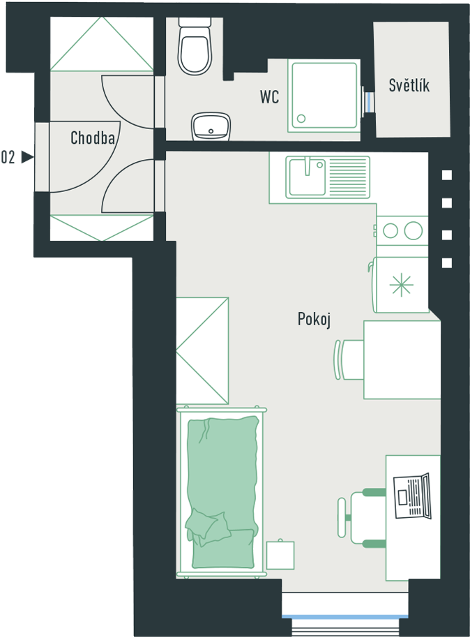 Bytová jednotka č. 2 o dispozici 1+kk a podlahové ploše 20,8 m² 1+kk