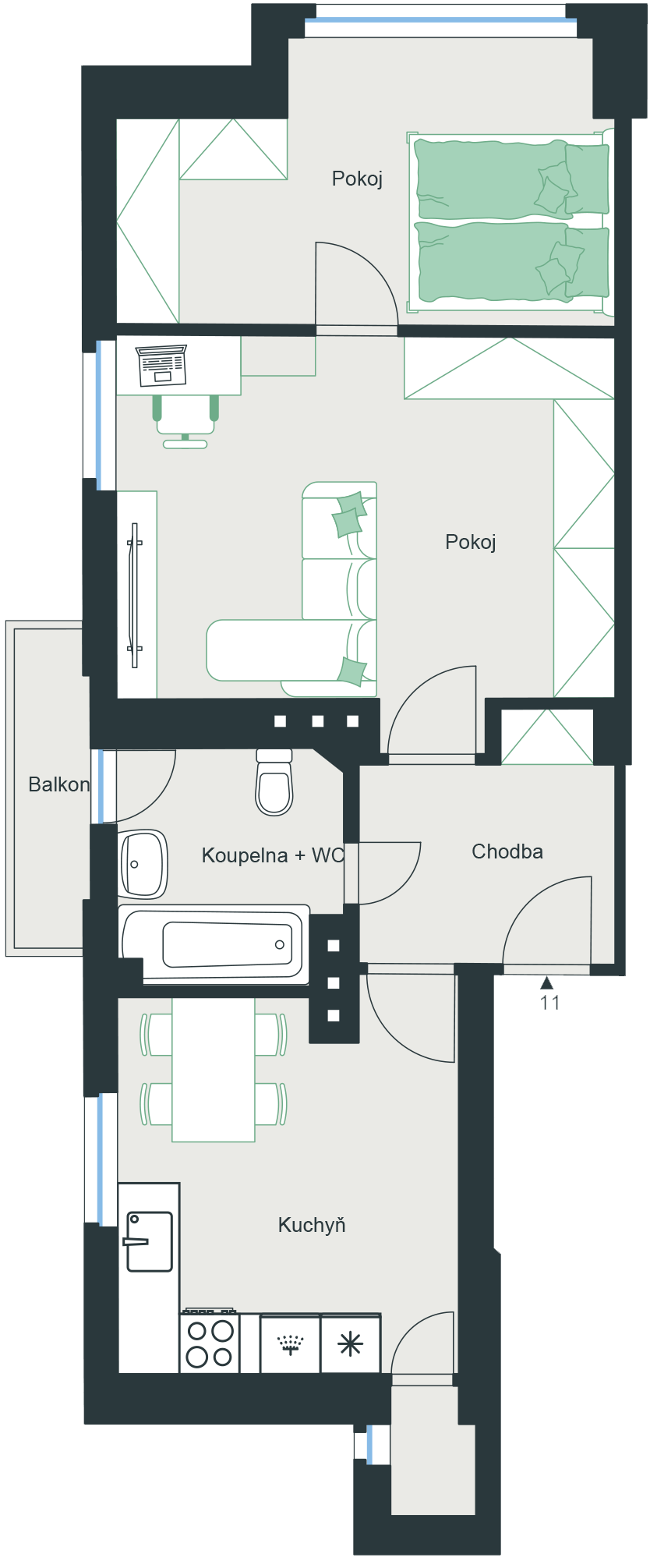 Bytová jednotka č. 11 o dispozici 2+1 a podlahové ploše 56,9 m² 2+1