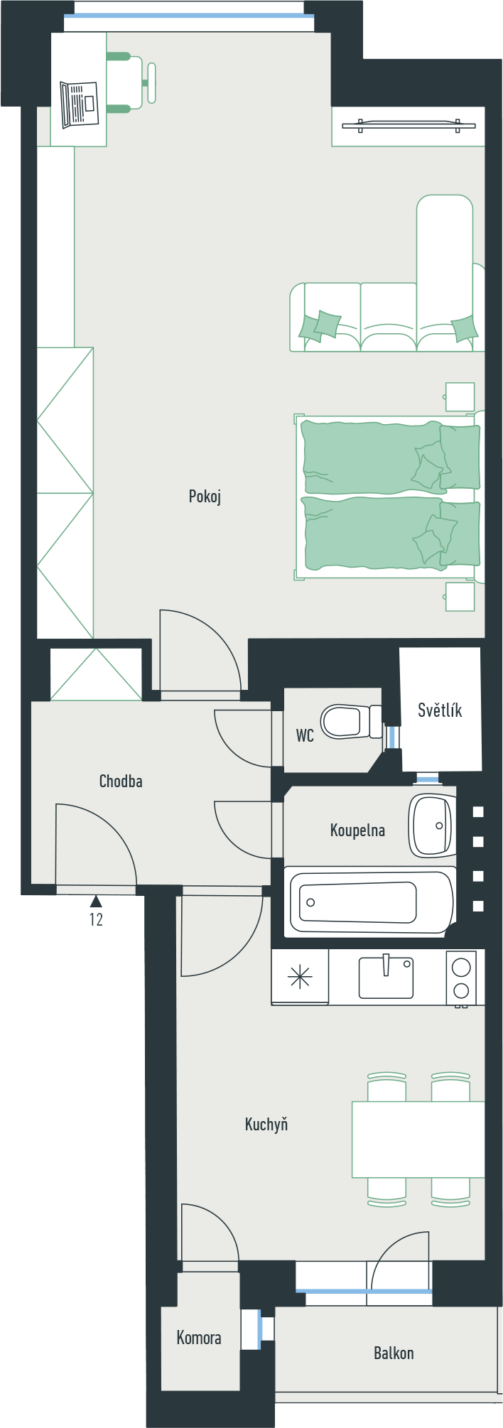 Bytová jednotka č. 12 o dispozici 2+kk a podlahové ploše 53,8 m² 2+kk