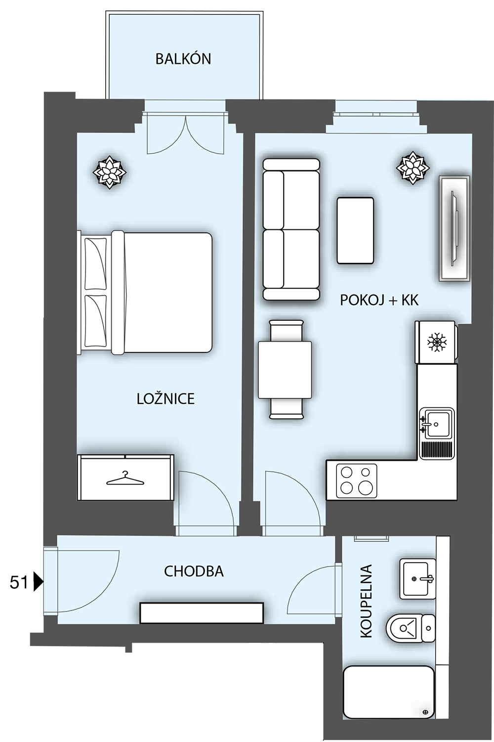 Residential unit two rooms + kitchenette